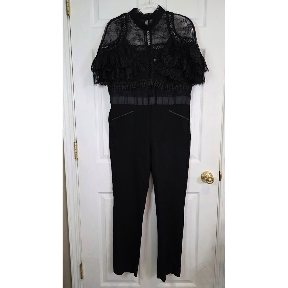 Self-Portrait Sz 10 Fine Lace Paneled Jumpsuit Black High Neck Ruffle Taper Leg - Picture 4 of 14